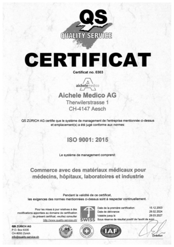 ISO 9001 Zertifikat Aichele Medico AG -  gültig bis 29.03.2021